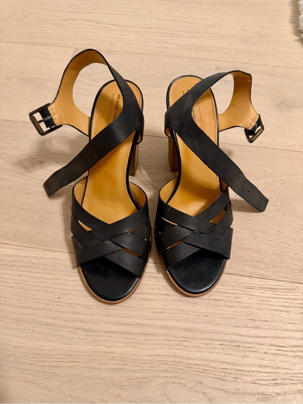 Melrose and Market Black Leather Crisscross Heel Sandals